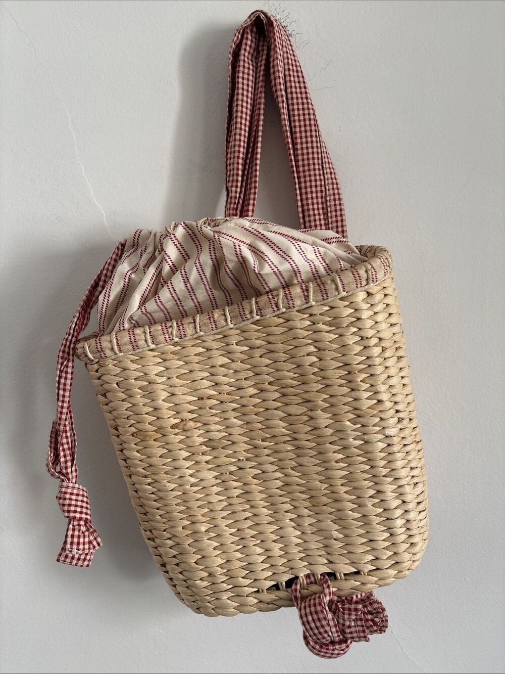 Vintage Ralph Lauren Woven Picnic Basket Bag Red Gingham Drawstring Backpack 90s